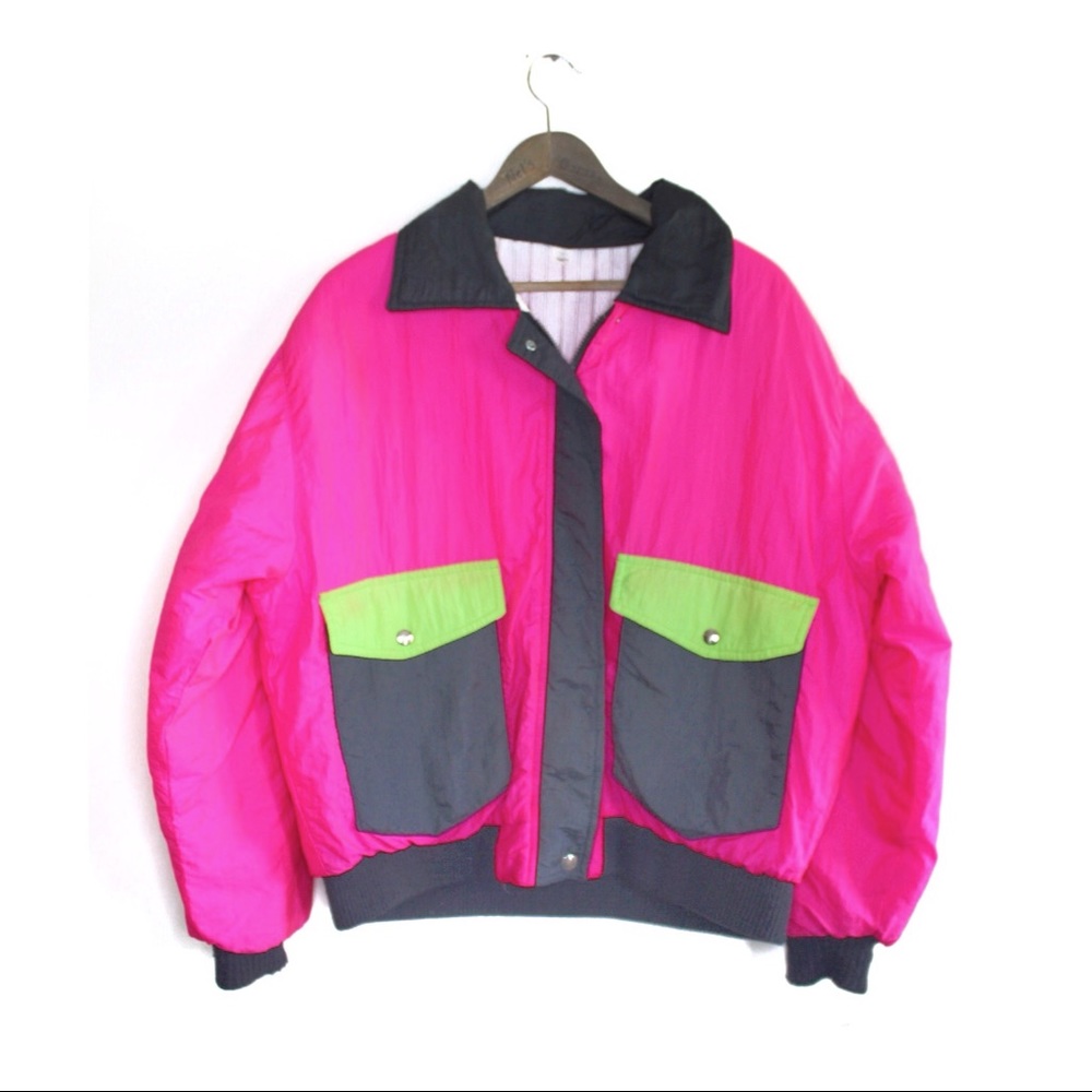 VTG Retro 90s Neon Pink Lime Green Zipped Bomber Puff Jacket Large XLarge